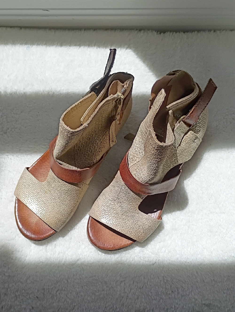 Miz Mooz Gold Woven Open-Toe Booties with Brown Leather Strap